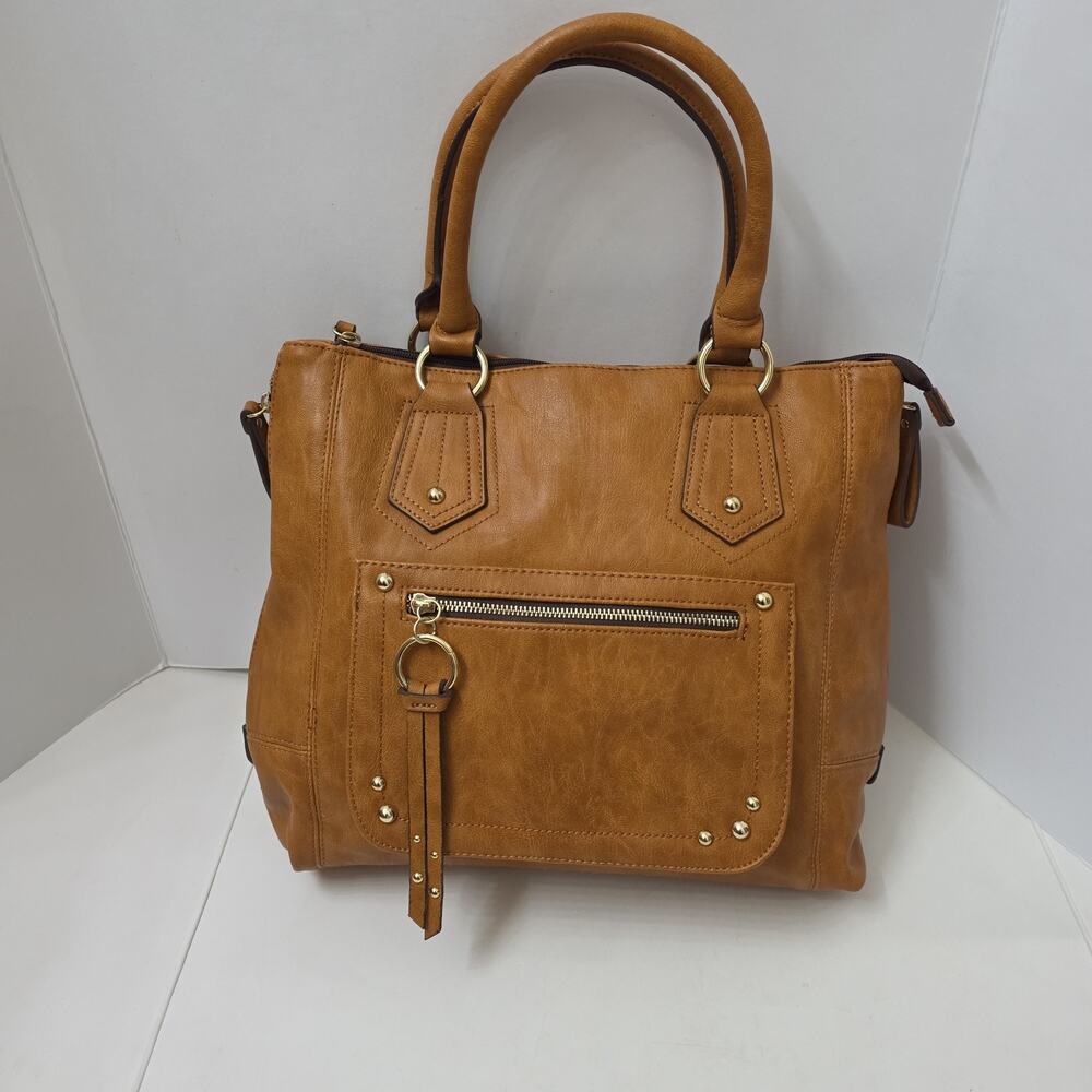 Apt. 9 Tan Faux Leather Satchel Handbag Double Handle Zip Pocket Purse - Picture 3 of 9